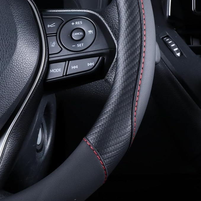 Carbon Fiber Leather Steering Wheel Cover Black - Premium Perforated Leather Sport Wrap with Odorless Rubber Non-Slip Inner, Universal Fit for Cars Trucks SUVS - 15 Inch