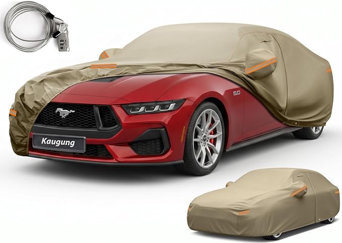 Kaugung Custom Fit Car Cover for Ford Mustang (1964-2026), Heavy Duty All Weather Waterproof Outdoor Cover, Sun Rain Snow UV Protection with Driver Door Zipper, Mirror Pockets & Air Vents
