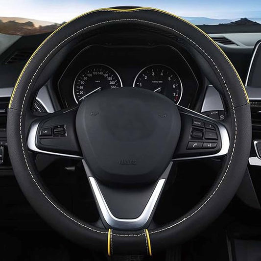 SHIAWASENA Auto Car Steering Wheel Cover, Universal 15 Inch Fit, Soft Leather, Breathable Anti Slip (Black&Yellow)