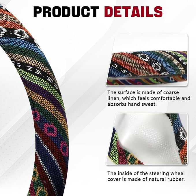 Boho Steering Wheel Cover, Ethnic Style Car Steering Wheel Cover Protector, Anti-Slip Flax Cloth Cover Universal Fits 14.5-15 Inch Steering Wheel, Interior Car Accessories(A Style)