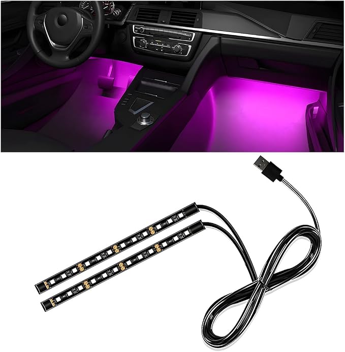 Wevdn Car Interior LED Strip Light, 12V 24 LED Waterproof Neon Ambient Night Light with USB Port, Automotive Atmosphere Decorative Under Dash Lighting Kit, Car Accessories (Pink Purple)
