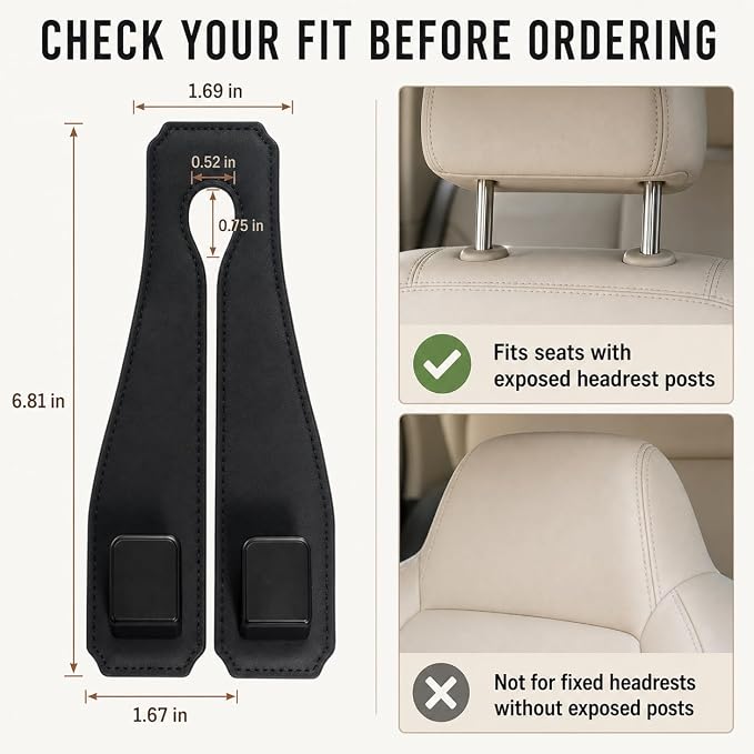 vidonio Car Headrest Hooks, 2 Pack 360° Rotating Double Hooks with Leather-Wrapped Metal Core, Heavy Duty Seat Back Purse Holder for Handbags, Grocery Bags and Backpacks, Black