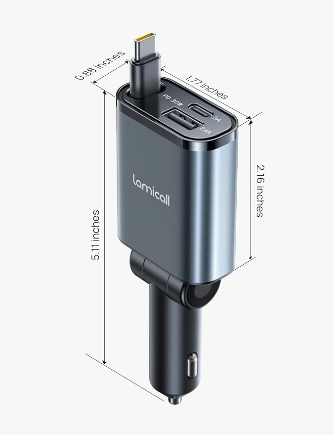 Lamicall Car Charger USB C for iPhone 17 16 15 Fast Charging [60% More Compact] 57w Type C Retractable Car Charger Fit Samsung Galaxy S25 S24 Ultra Pixel Android, Car Accessories Gifts for Men Women