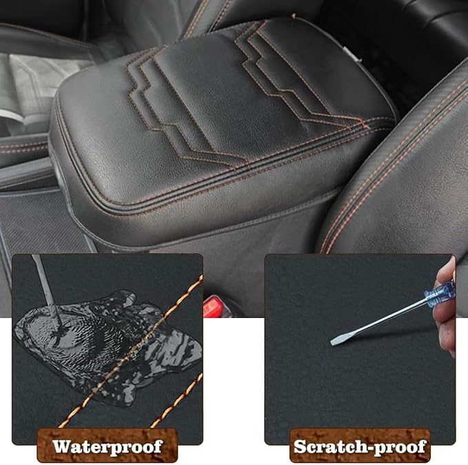 Muslogy Center Console Armrest Cover Fit for Nissan Frontier 2022-2025 2026 Accessories, Comfort Armrest Pad Console Lid Cushion Protector Vegan Leather Regular Thick (V2 Orange Trim)