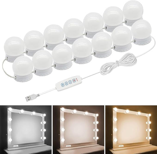 Pretmess LED Vanity Lights for Mirror, Hollywood Style, 14 Dimmable Bulbs | 5 Adjustable Brightness & 3 Color Changing Modes,Wire Length Adjustable & Effortless Setup,USB Cable Design