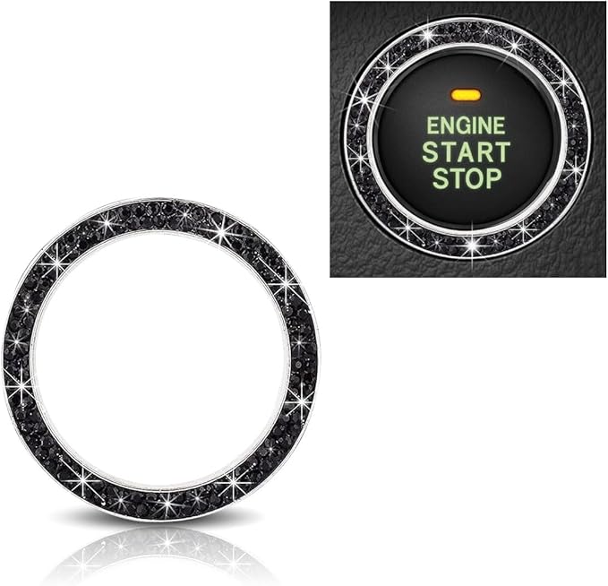 GLSOWEE Car Bling Crystal Rhinestone Engine Start Decoration Ring, Ring Start Button Cover Sticker Key Ignition & Knob Ring Decoration, Bling Car Interior Accessories for Women (Black)