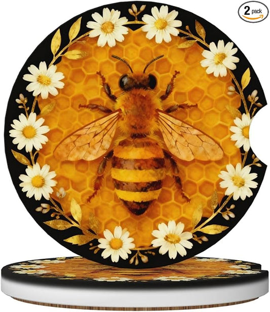 Bees Daisies Golden Honeycomb 2 Pack Car Cup Holder Coasters Absorbent Ceramic Drink Coasters 2.56" Anti Slip Cup Mat with Cork Base and Finger Notch Auto Accessories Interior for Women Men