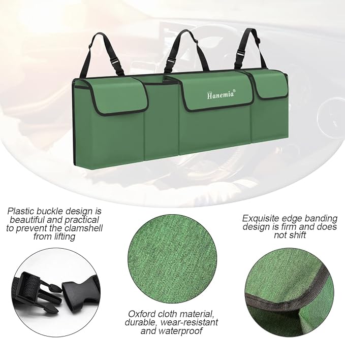 Car Trunk Organizer and Storage, Backseat Hanging Organizer for SUV, Truck, MPV, Waterproof, Collapsible Cargo Storage Bag with 4 Pockets, Car Accessories for Men and Women (Army Green) | 38.19x4.72x12.59 Inch, Universal fit, most SUVs/MPVs/Vans, Oxfor...