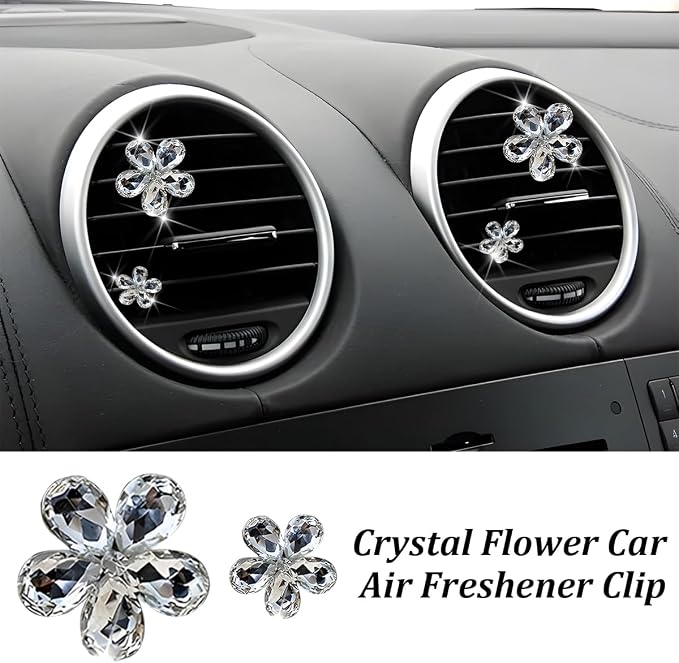 5PCS Bling Flower Car Air Vent Clips, Crystal Rhinestone Vehicle Air Conditioning Outlet Clip, Diamond Automotive Interior Decoration Charm, Universal for Automobile RV Truck (White)