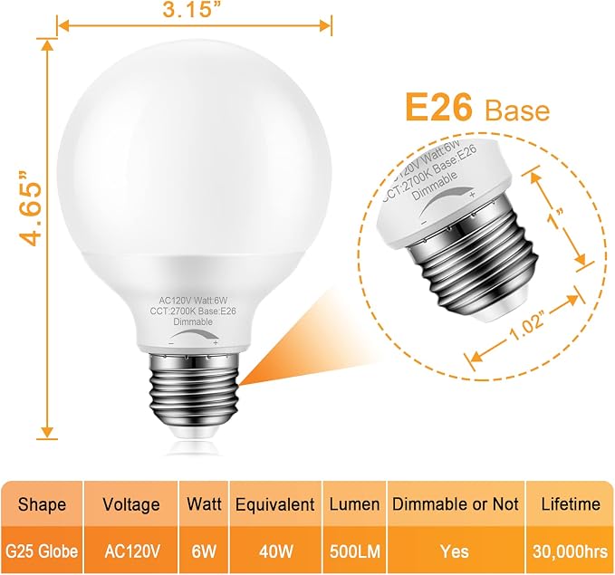 10-Pack Dimmable G25 Globe Light Bulbs LED, 6W=40W Replacement, Warm White 2700K, E26 Medium Base, Ideal for Bathroom Vanity, Makeup Mirror or Sputnik Light, 120V, Round Light Bulbs