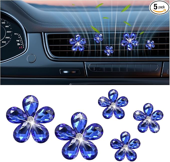Zpana Bling Daisy Flower Car Air Vent Clips, 5PCS Sparkling Crystal Rhinestone Cute Vehicle Air Conditioning Clamp, Diamond Auto Air Outlet Clip Decor for Women Girls, Universal Fit (Dark Blue)