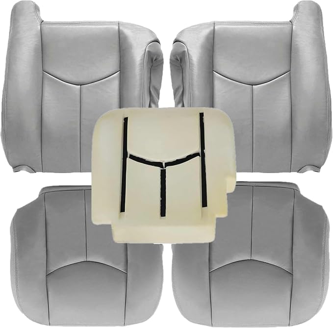 SecosAutoparts Driver & Passenger Bottom & Top Lean Back & Driver Foam Cushion Leather Seat Cover Light Gray # 922 fit for Chevy GMC Tahoe Suburban Avalanche Yukon Silverado Sierra 2003 2004 2005 2006