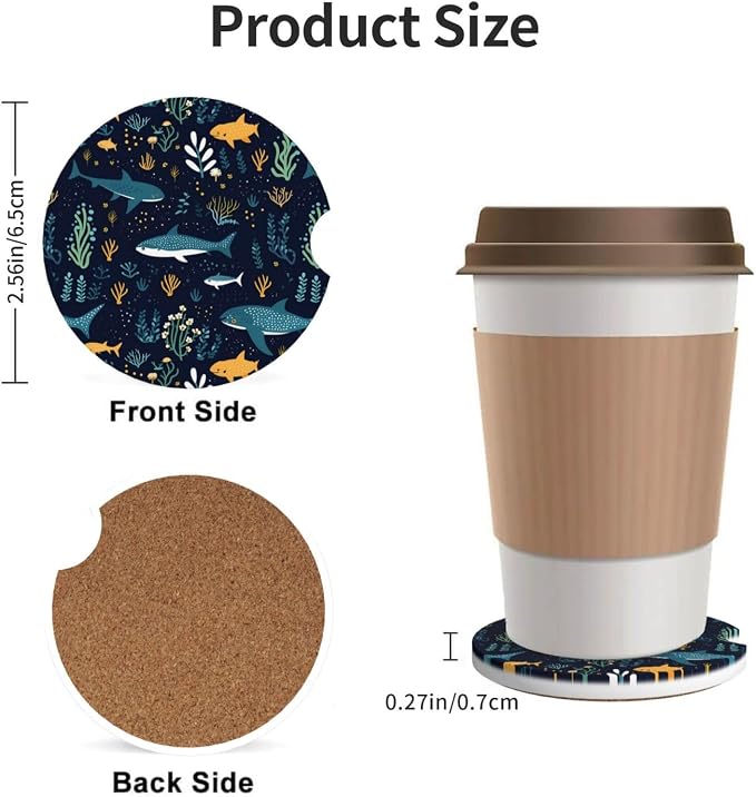 Whale Shark Underwater Sea Life Absorbent Ceramic Car Coasters 2 Pack Round Insert Cupholder Coaster Car Cup Holder Mat with Finger Notch Anti-Slip Cork Base Reusable Drink Coasters 2.56 in