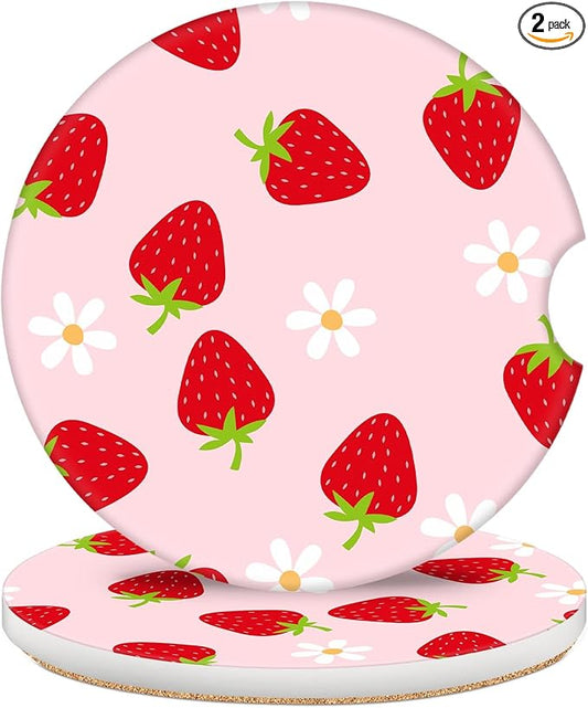 2 Pack Car Coasters for Cup Holders, 2.56" Universal Absorbent Ceramic Stone Car Cup Holder Coasters with Non-Slip Cork Base, Car Interior Accessories for Women Men(Cute Strawberry)
