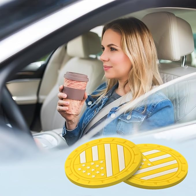 AUCELI 2 Pack Car Cup Holder Coasters, Colored American Flag US Flag Insert Car Cup Coaster, 2.75 Inch Anti Slip Shockproof Embedded Drink Mat, Vehicle Interior Decor Accessories