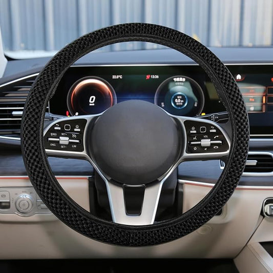 Elastic Stretch Steering Wheel Cover, Anti-Slip, 15inch, Black | Microfiber Odorless Breathable Ice Silk Car Steering Wheel Protector, Easy Carry, Warm in Winter & Cool in Summer