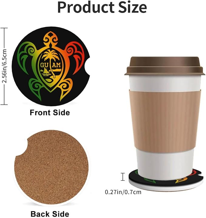 Guam Turtle Palm Trees Absorbent Ceramic Car Coasters 2 Pack Round Insert Cupholder Coaster Car Cup Holder Mat with Finger Notch Anti-Slip Cork Base Reusable Drink Coasters 2.56 in
