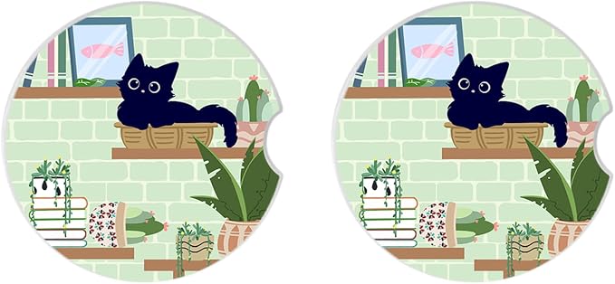 Ceramic Cup Holders Car Coasters Set for Women/Men,Drink Cup Car Holder Coasters with A Finger Notch 2.56" Pack of 2（Cute Black Cat 2）