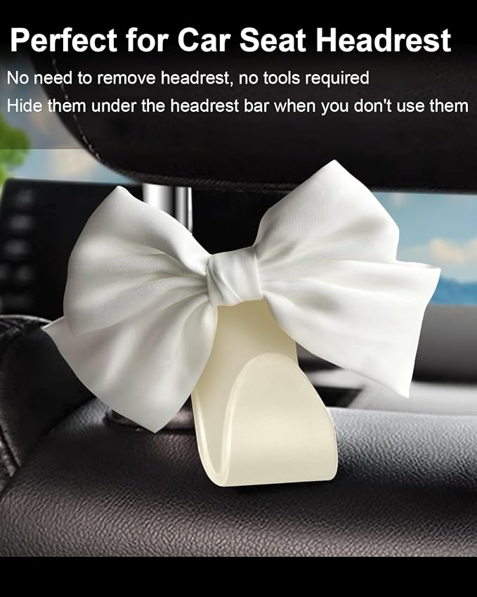2 Pack Car Purse Holder for Handbags and Bags, Headrest Back Seat Hooks for Cars, Car Bag Hanger for Groceries, Coats, Umbrellas and Daily Essentials, Bow-Shaped Car Interior Organizer (White silk)