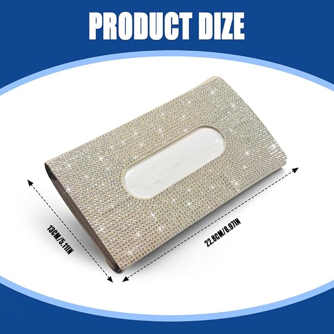 Bling Car Sun Visor Tissue Box Holder, Visor Accessories, Rhinestone PU Leather Crystal Sparkling Napkin Holder, Auto Sun Visor Paper Towel Cover Case Accessories for Most Cars (Beige+White)