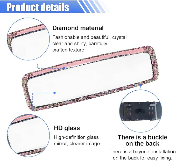 Bling Car Rear View Mirror, Clip-On Rhinestone Car Rearview Mirror with Crystal Diamonds, HD Glass Auto Interior Rear View Mirrors, Auto Decoration Accessories for Women Men Teens (Pink)