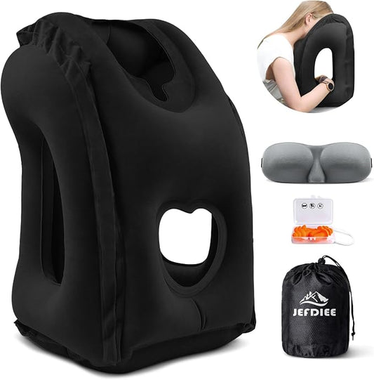 Inflatable Travel Pillow, Airplane Neck Pillow Comfortably Supports Head and Chin for Airplanes, Trains, Cars Office Napping on The Tray Table (Black)