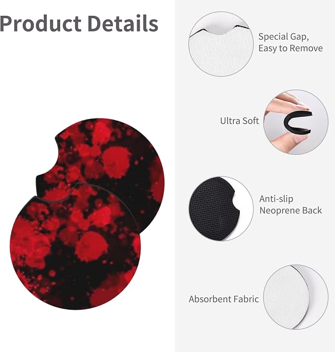 Red Blood Steering Wheel Cover - Classic Horror Blood Splatter Steering Wheel Cover Anti-Slip Breathable for 15 in Universal 2 Pcs Car Interior Cup Holder Pad for Men Women