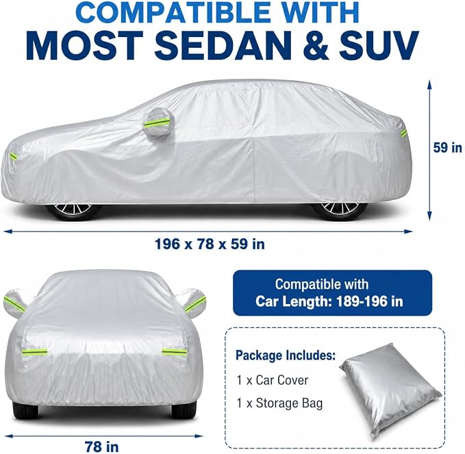 GXARTS Car Cover 196"×78"×59" Waterproof All-Weather Sedan Cover Outdoor Indoor with Zipper Door & Windproof Straps | UV Snow Dust Protection Fit for Toyota Camry Honda Accord Kia K5 Altima