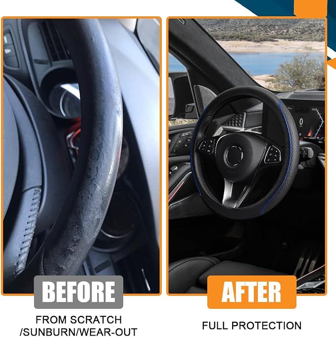 Car Steering Wheel Cover, Universal 14.5-15 Inch Black Leather Steering Wheel Wrap with Better Sport Grip for Men Women, Anti-Slip Breathable Car Interior Accessories for Most Vehicles (Black blue2)