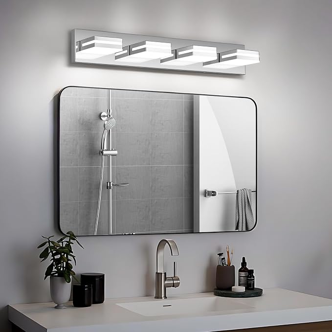 Modern LED Bathroom Lights Fixtures 4-Light,Stainless Steel Chrome Acrylic Wall Lighting,Vanity Lights for Bathroom Over Mirror 6000k 27in