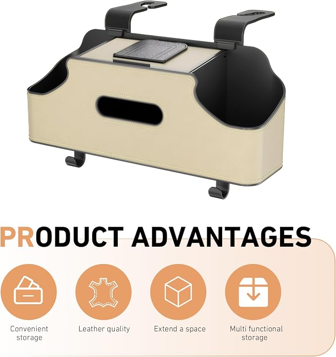 Car Organizer, Car Back Seat Organizer with 2 Drink Cup Holder, Leather Car Storage Box with Tissue Pouch, Multi-functional Behind Seat Storage Case, Universal for Most Vehicles (Beige)