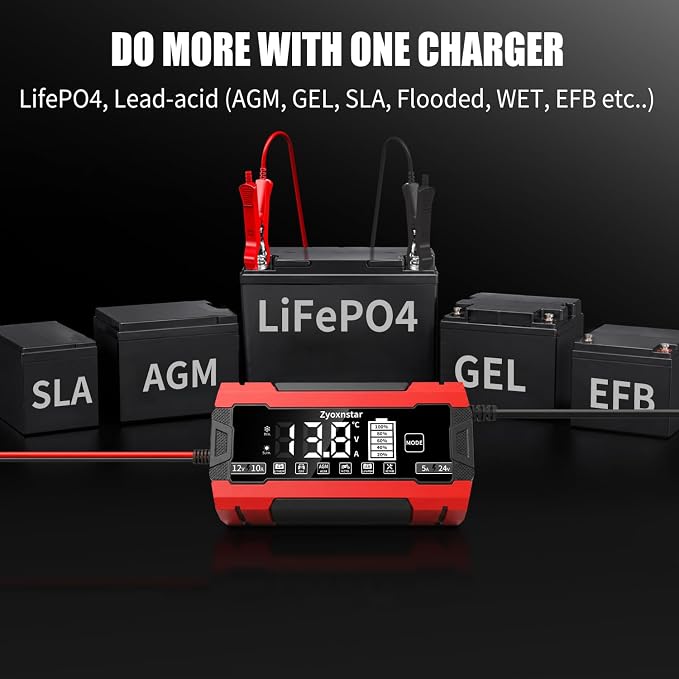 Battery Charger 10 AMP, 12V/24V LiFePO4 Lead Acid Car Battery Pulse Repair Charger, Smart 10-Stage Maintainer & Trickle Charger w/Temp Compensation