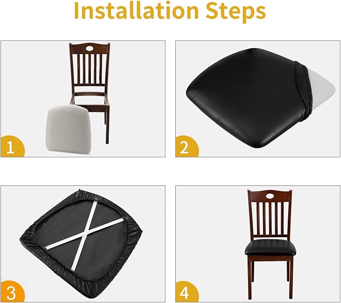 Fuloon Dining Chair Seat Covers 6 PCS, Solid Pu Leather Waterproof Seat Cushion Cover Oilproof Stretch Dining Chair Protctor Slipcover (Pu Dark Black)