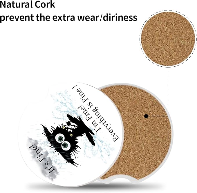 Cat hit by Lightning Absorbent Car Coasters for Cup Holders,2 Pack 2.56" Ceramic Coasters with Cork Back and Finger Slot, Auto Accessories for Women & Men,