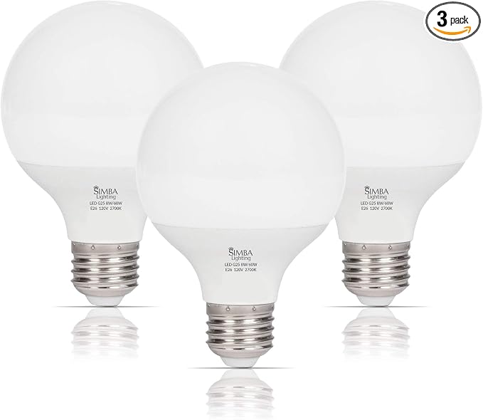 Simba Lighting LED G25 Bulbs 8W 60W Equivalent 120V E26 Warm White, 3 Pack | Decorative White Frosted Cover Globe G80 Light Bulbs for Bathroom Vanity, Makeup Mirror, Standard E26 Medium Base, 2700K