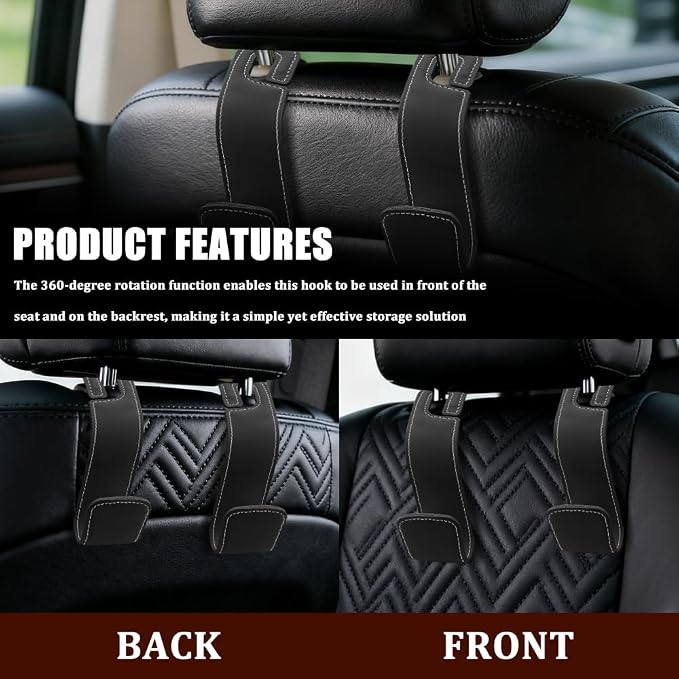 Car Seat Headrest Hooks, Purse Hook for Car, Automotive Headrest Handbags Holder, Auto Accessories Leather Seatback Organizer Hanger for Hanging Purses Bags Coats (Black, 1PCS)