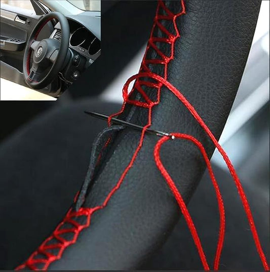 AUTOXBERT 38cm/15 Inch Leather Steering Wheel Cover Stitch On Wrap, Red | Breathable, Anti-Slip Steering Wheel Cover for Nissan Qashqai Toyota Camry RAV4 VW Golf