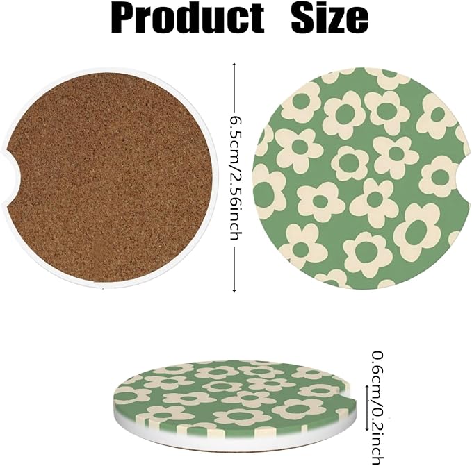 Ceramic Car Cup Coasters 2PCS - Kawaii Flower | with Cork Back & Finger Slot, Anti-Slip Shock Absorbing, Universal Car Interior Accessories for Men Women