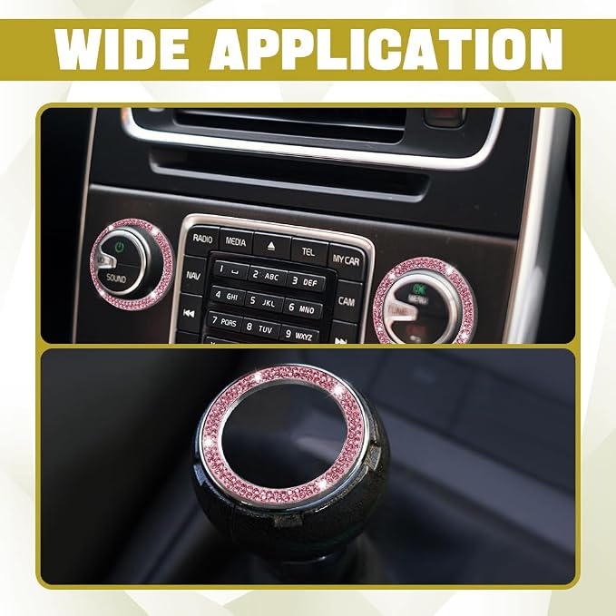 2PCS Bling Car Crystal Rhinestone Ring Emblem Sticker, Push to Start Button Cover/Sticker, Key Ignition Starter & Knob Ring, Car Interior Decoration Bling Car Accessories for Women