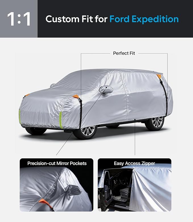 Wigoo Car Cover Compatible with Ford Expedition 2017-2026, Custom Fit Waterproof All Weather Outdoor Indoor Full SUV Cover, Windproof Sun UV Rain Snow Dust Protection, Door Zipper, Reflective Strips