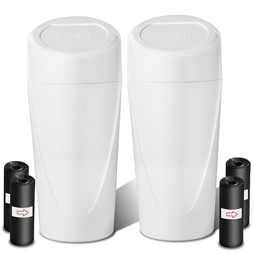 Car Trash Can with Lid-2Pack, Leakproof Garbage Can with 80 Attached Trash Bags, Mini Essential Car Accessories for Interior for Car, Home, Office（White）