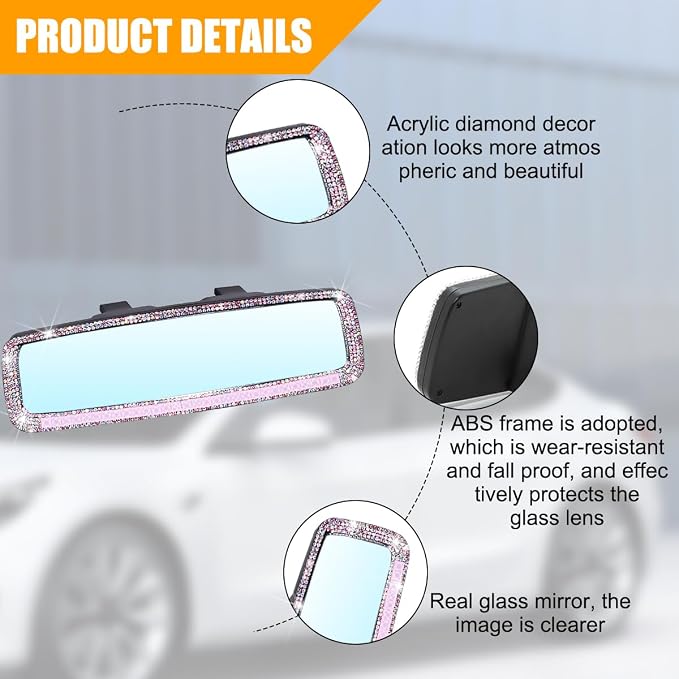 Osilly Bling Car Rearview Mirror, Decorations Rear View Mirror with Crystal Rhinestones & Diamonds, Car Interior Trim Accessories, Clip-on & HD Glass, Sparkly Gift (Pink)