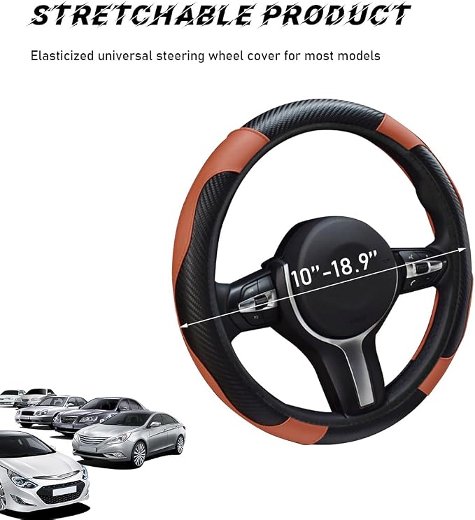povtii Car Steering Wheel Cover, 15 Inch Leather Breathable Auto Steering Wheel Protector, Comfortable Non-Slip Vehicle Steering Wheel Covers, Universal Car Accessories (Coffee, with Lining)