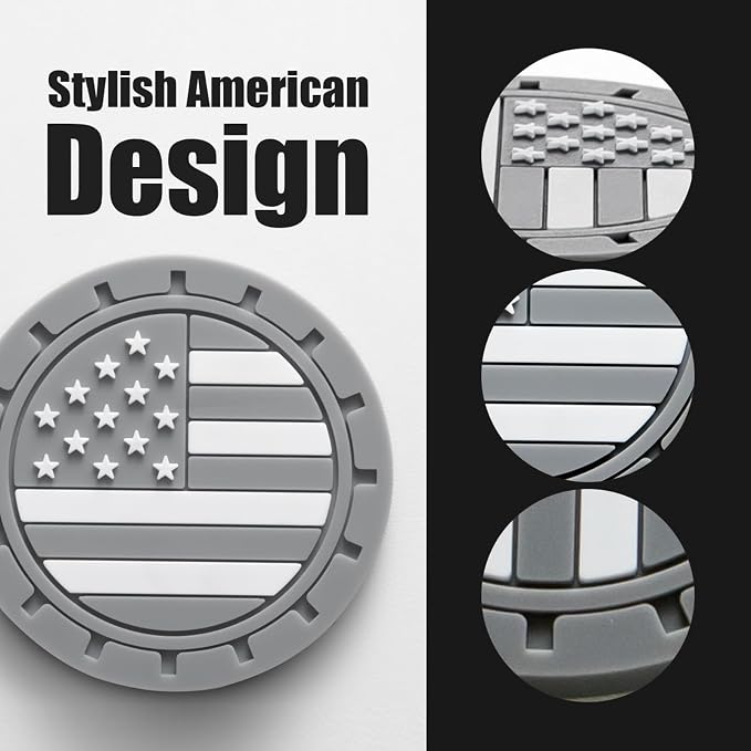 Car Cup Holder Coasters 4 Pack - American Flag 2.75 Inch Anti Slip Shockproof Drink Mat - Vehicle Interior Decor Accessories Grey