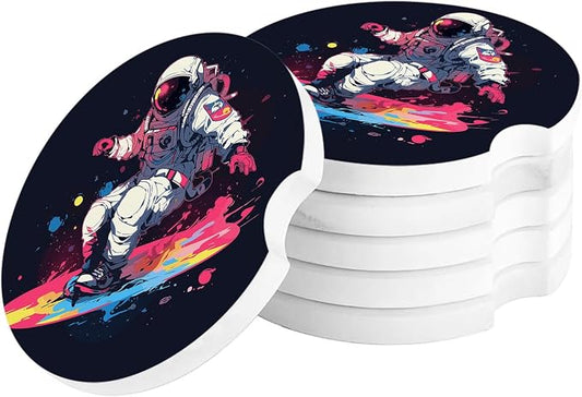 Car Coasters for Cup Holders 2.6" Dia Absorbent Coasters Set of 6 Car Interior Accessories for Women Men Ceramic Car Coaster for Drinks with Finger Grooves,Watercolor Astronaut Skateboard Theme Black