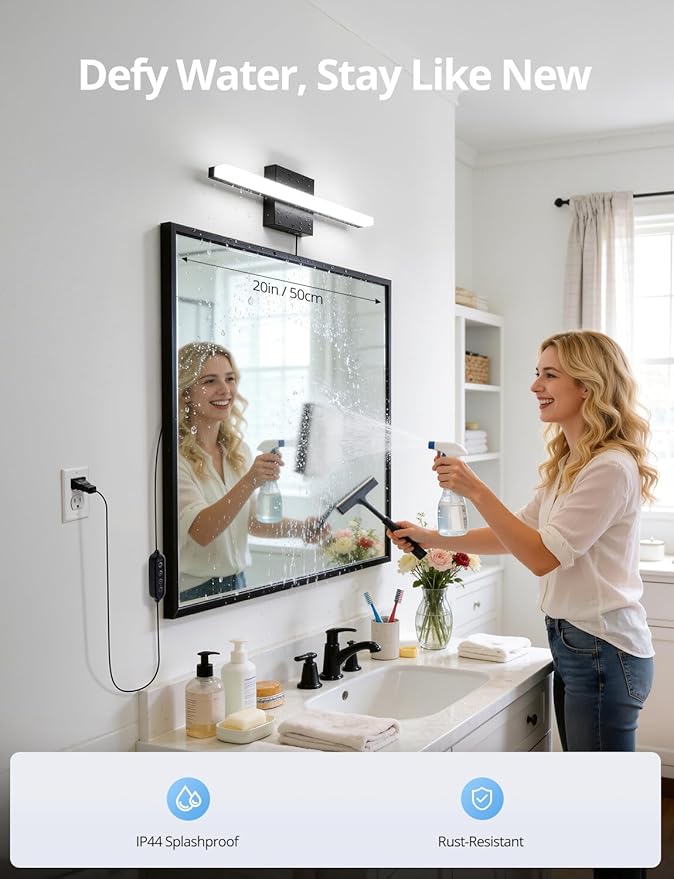 Combuh Black Plug in Vanity Light Bar Corded for Bathroom Lighting Fixture No Wiring, 16Inch 5 Colors Adjustable Dimmable Modern Bright Daylight Mirror Lamp for Wall Dressing Room Makeup (with Plug)