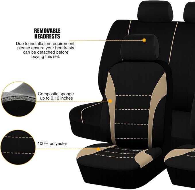 Car Seat Cover Full Set, Fashion Soft Sponge Vehicle Front and Rear Split Bench with Removable Headrest Cover, Breathable Auto Seat Protector, Universal for Truck SUV Sedan (Beige/Black)
