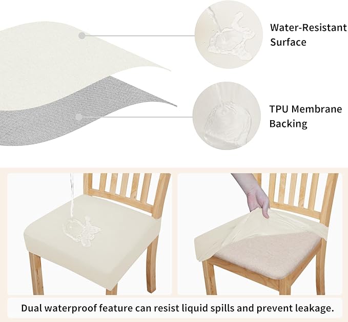 Easy-Going 100% Waterproof Seat Covers for Dining Room Chairs Set of 4, Stretch Chair Seat Slipcovers Protector Removable and Washable Kitchen Dining Chair Covers, Ivory