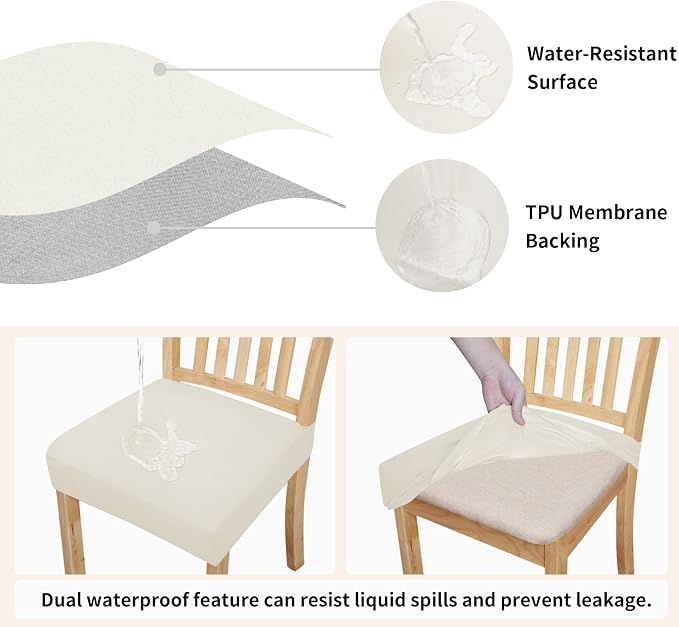 Easy-Going 100% Waterproof Seat Covers for Dining Room Chairs Set of 2, Stretch Chair Seat Slipcovers Protector Removable and Washable Kitchen Dining Chair Covers, Ivory