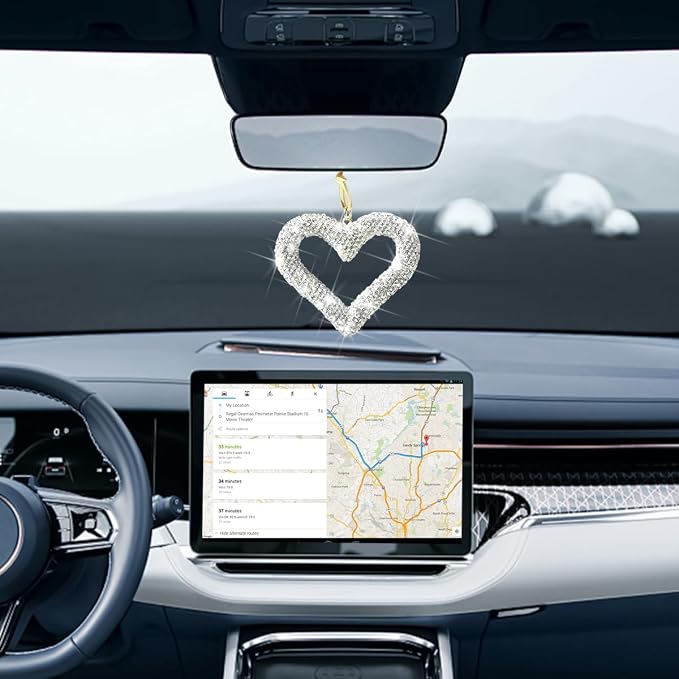 Mandark Bling Heart Car Hanging Accessories, Crystal Rhinestone Vehicle Rear View Mirror Charm Pendant Ornaments, Cute Diamond Auto Interior Hanger Decoration for Women Girls（Silver）